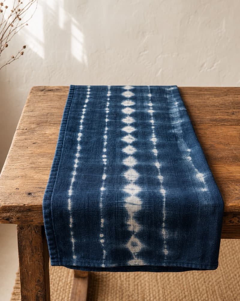 Dali natural indigo table runner folded on a wood table