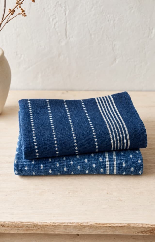 Pair of natural indigo tea towels folded in a stack